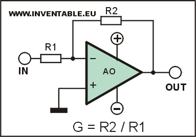 Circuito de un amplificador con fuente partida y cálculo de la ganancia.